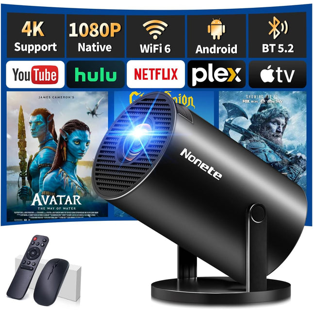 Mini Projector 4K Projector Full HD 1080P with WiFi 6 and Bluetooth 5.2, Android Portable Projector 270° Rotation with Automatic Trapezoidal Correction for PC/HDMI/USB, with Mouse and Remote Control