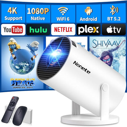 Mini Projector 4K Projector Full HD 1080P with WiFi 6 and Bluetooth 5.2, Android Portable Projector 270° Rotation with Automatic Trapezoidal Correction for PC/HDMI/USB, with Mouse and Remote Control