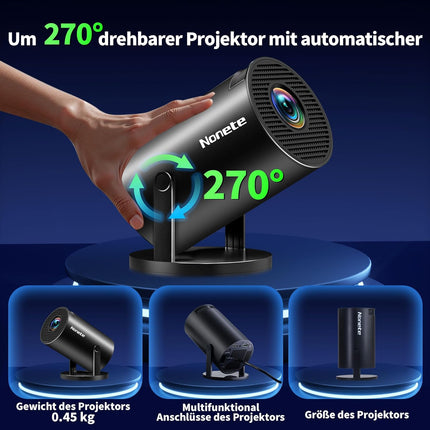 Mini Projector 4K Projector Full HD 1080P with WiFi 6 and Bluetooth 5.2, Android Portable Projector 270° Rotation with Automatic Trapezoidal Correction for PC/HDMI/USB, with Mouse and Remote Control