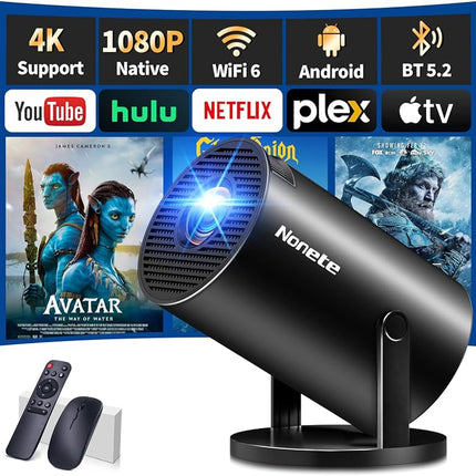 Mini Projector 4K Projector Full HD 1080P with WiFi 6 and Bluetooth 5.2, Android Portable Projector 270° Rotation with Automatic Trapezoidal Correction for PC/HDMI/USB, with Mouse and Remote Control