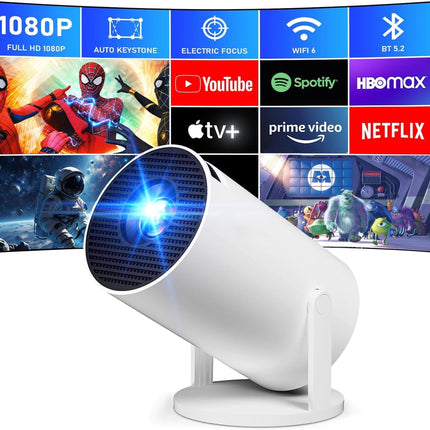 Portable Projector 4K 1080P FHD Mini Projector, Compatible with Android and Netflix, WiFi 6, BT 5.0, 180° Rotation, Projector with Automatic Keystone Correction