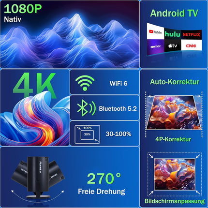 Mini Projector 4K Projector Full HD 1080P with WiFi 6 and Bluetooth 5.2, Android Portable Projector 270° Rotation with Automatic Trapezoidal Correction for PC/HDMI/USB, with Mouse and Remote Control