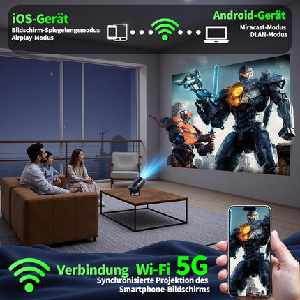 Mini Projector 4K Projector Full HD 1080P with WiFi 6 and Bluetooth 5.2, Android Portable Projector 270° Rotation with Automatic Trapezoidal Correction for PC/HDMI/USB, with Mouse and Remote Control