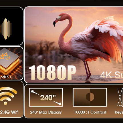 Portable Projector 4K 1080P FHD Mini Projector, Compatible with Android and Netflix, WiFi 6, BT 5.0, 180° Rotation, Projector with Automatic Keystone Correction